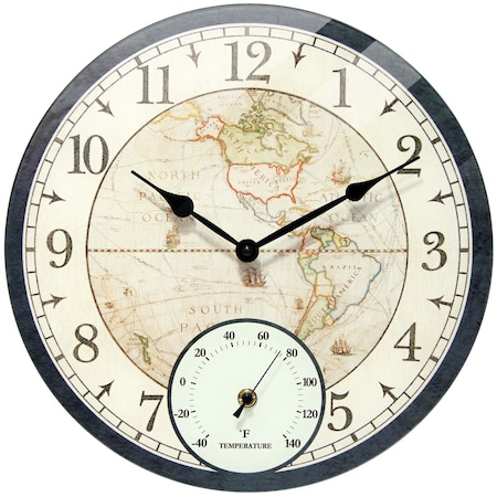 Infinity Instruments Orbis Black All Weather Clock - 14" Round World Map, Built-in Thermometer, Indoor/Outdoor 20178BK
